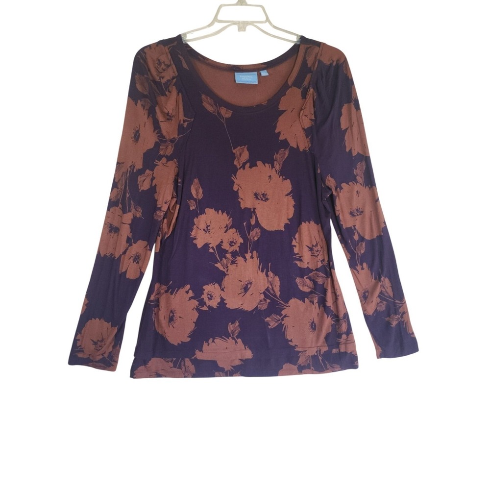 Simply Vera Wang XL Floral Rayon Top Purple Brown Lagenlook Artsy Romantic Chic